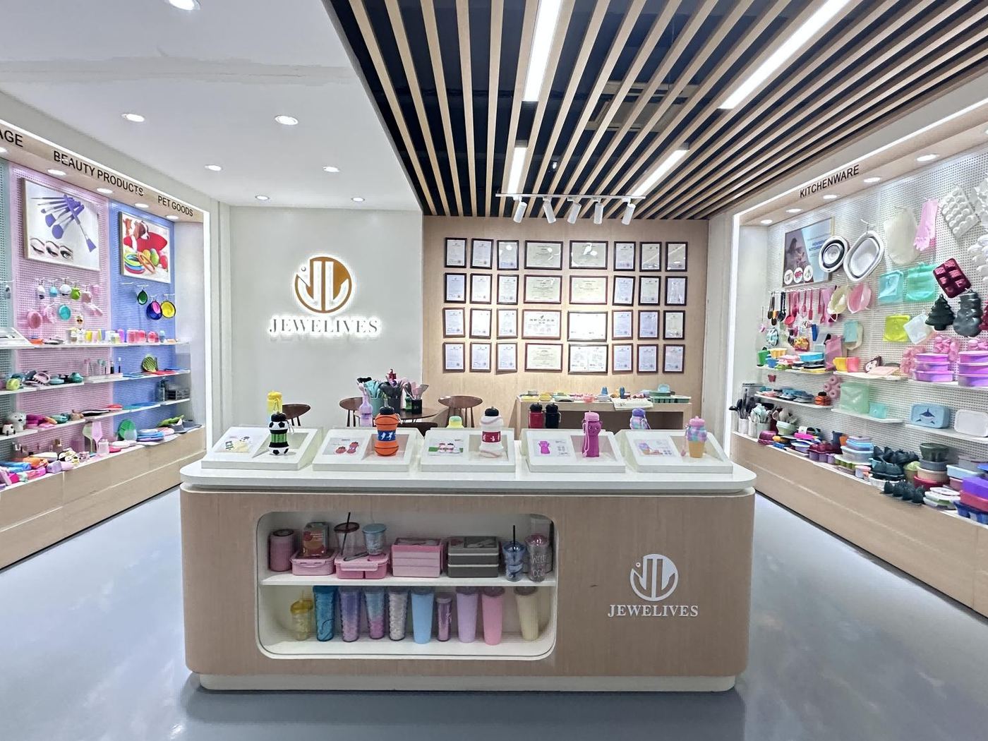 Jewelives showroom with product displays and certification wall